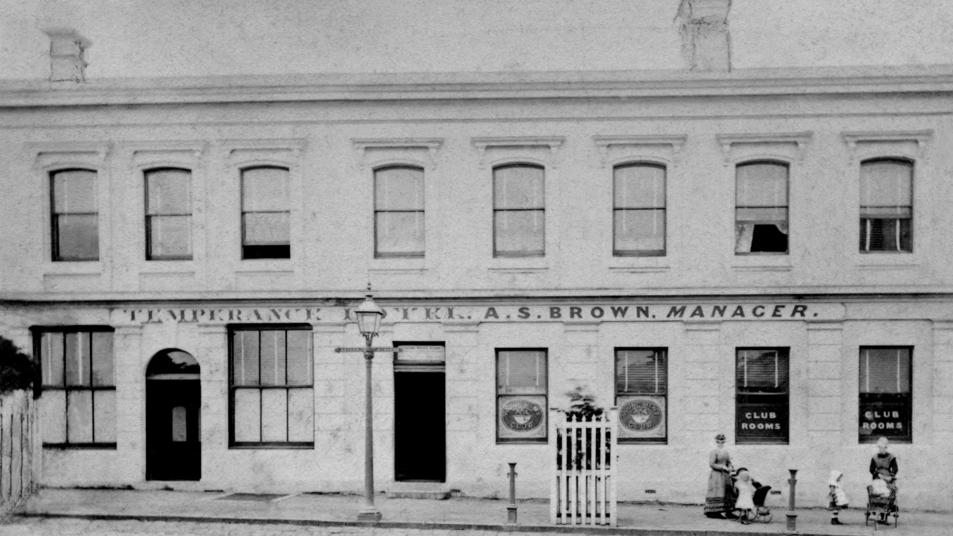 Old black and white photograph of a hotel