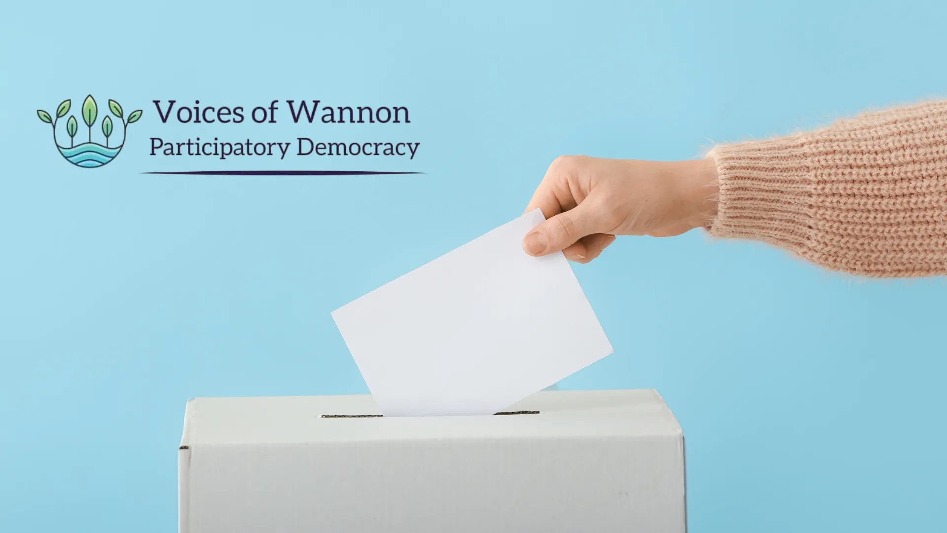 Hand putting vote in a ballot box against a blue background