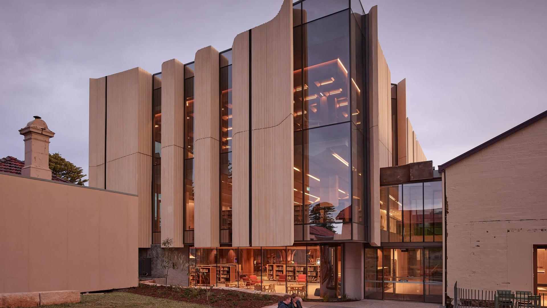 exterior of warrnambool library at dusk
