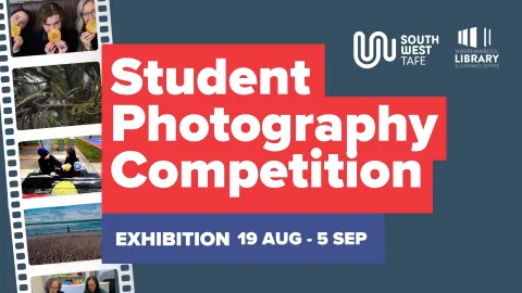 White text saying Student Photography Competition on a red and blue background