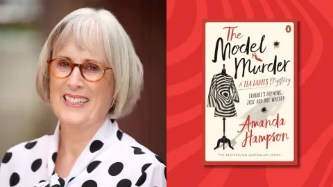 headshot of author amanda hampson next to the cover of her book