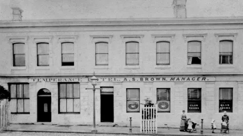 Old black and white photograph of a hotel